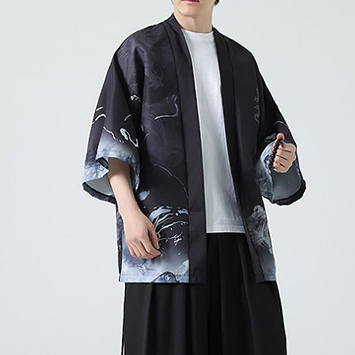 Buddha Stones Kimono da uomo estivo casual con stampa vintage di gru - image 15