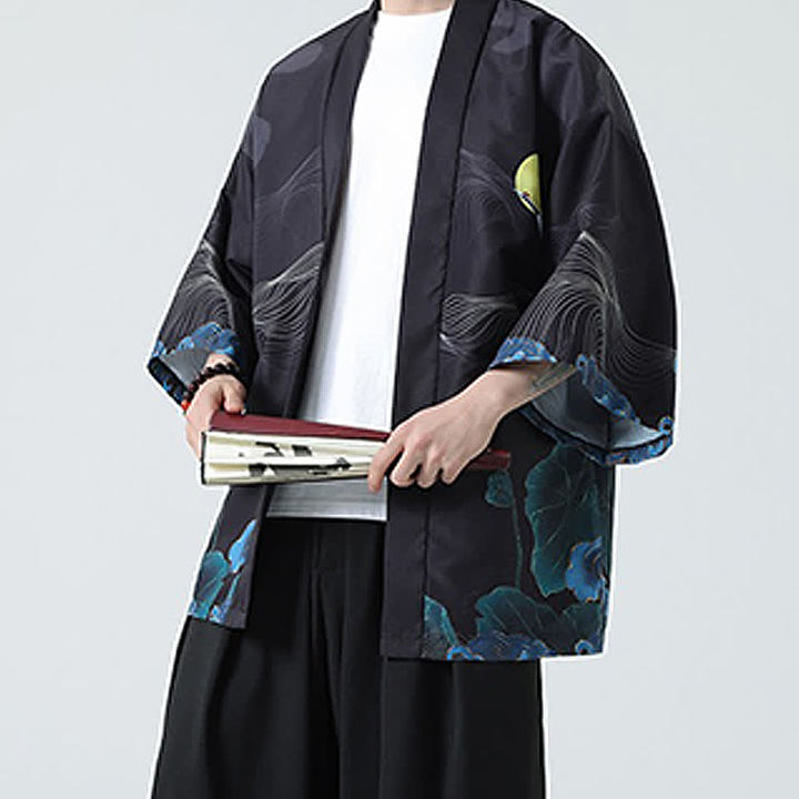 Buddha Stones Kimono da uomo estivo casual con stampa vintage di gru - image 28