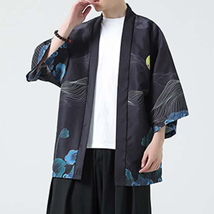 Buddha Stones Kimono da uomo estivo casual con stampa vintage di gru - image 36