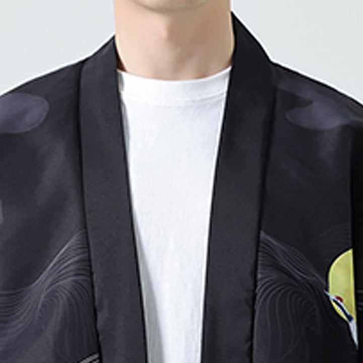 Buddha Stones Kimono da uomo estivo casual con stampa vintage di gru - image 35