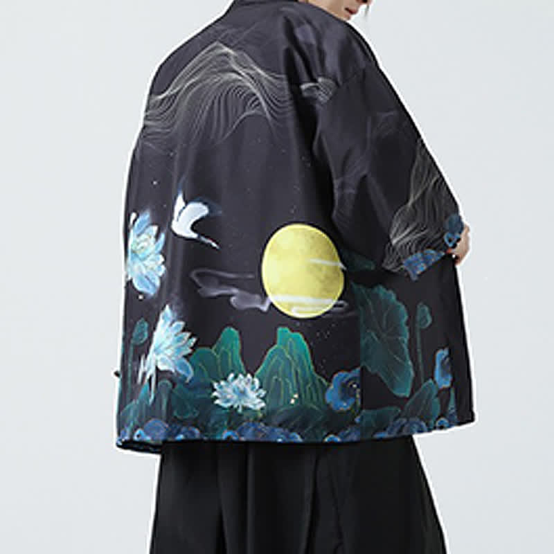 Buddha Stones Kimono da uomo estivo casual con stampa vintage di gru - image 33
