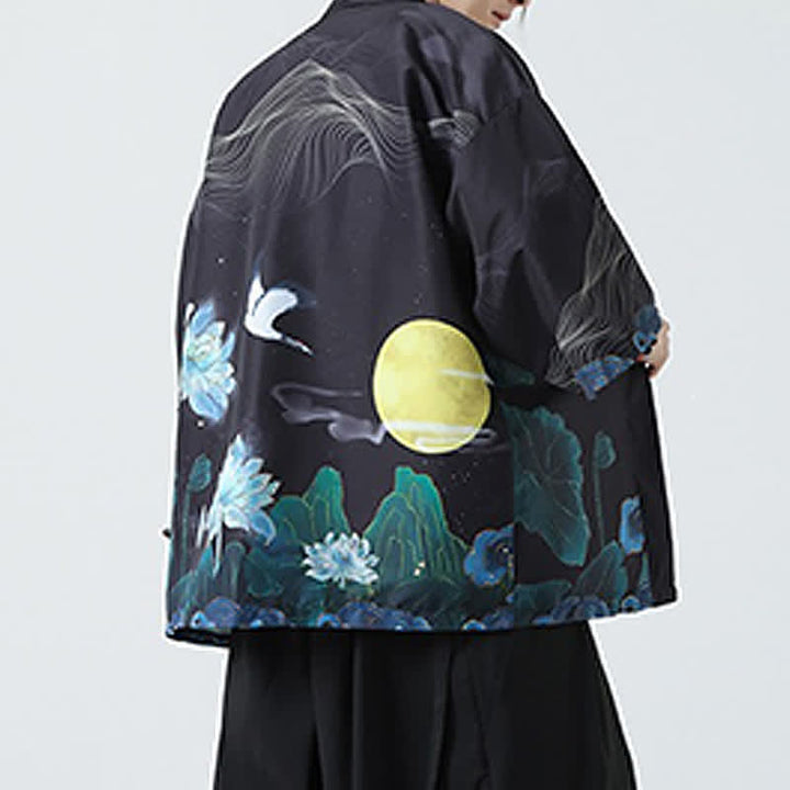 Buddha Stones Kimono da uomo estivo casual con stampa vintage di gru - image 33