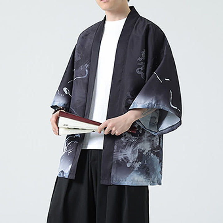 Buddha Stones Kimono da uomo estivo casual con stampa vintage di gru - image 12
