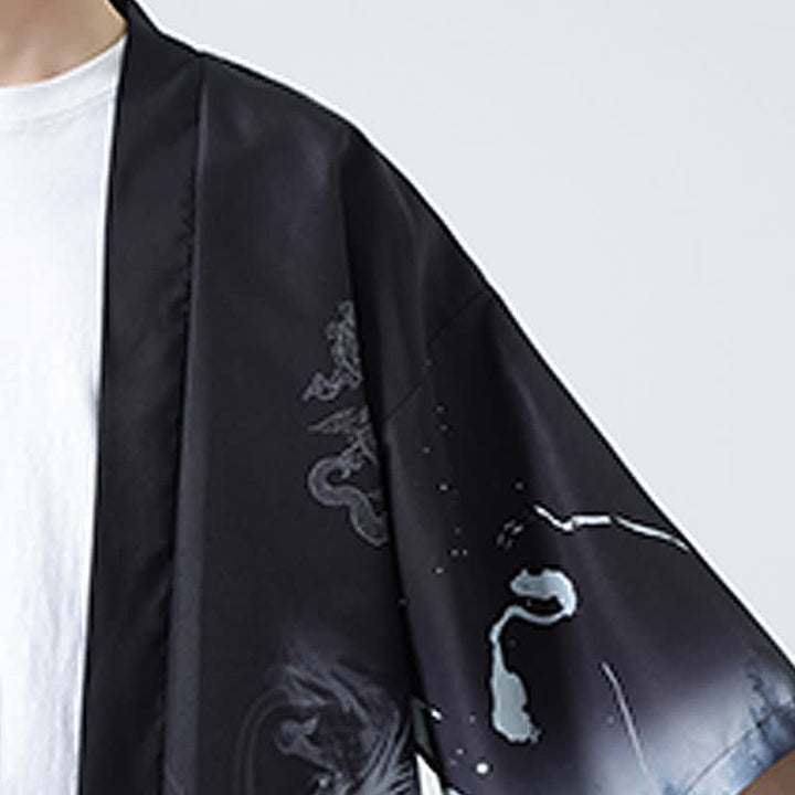 Buddha Stones Kimono da uomo estivo casual con stampa vintage di gru - image 18