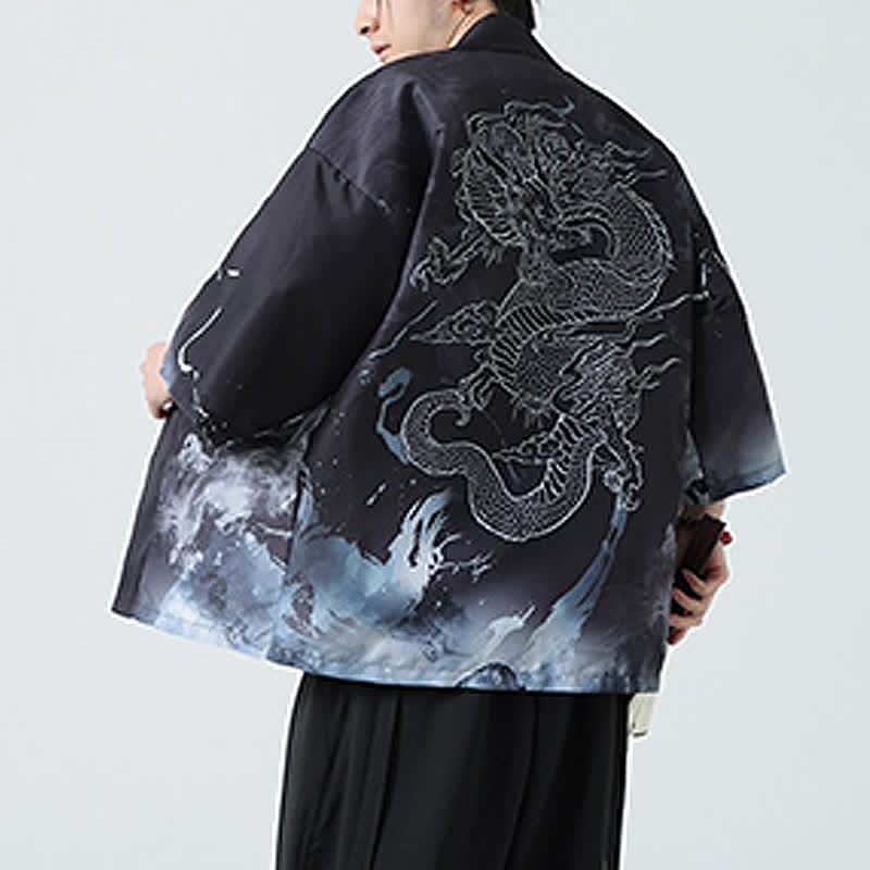 Buddha Stones Kimono da uomo estivo casual con stampa vintage di gru - image 23