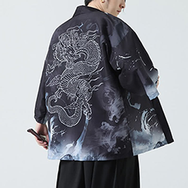 Buddha Stones Kimono da uomo estivo casual con stampa vintage di gru - image 20