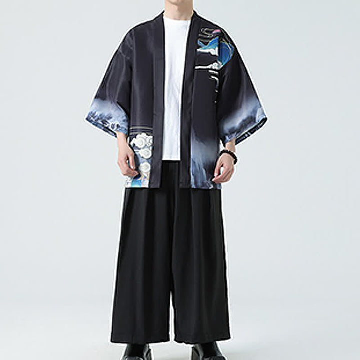 Buddha Stones Kimono da uomo estivo casual con stampa vintage di gru - image 4