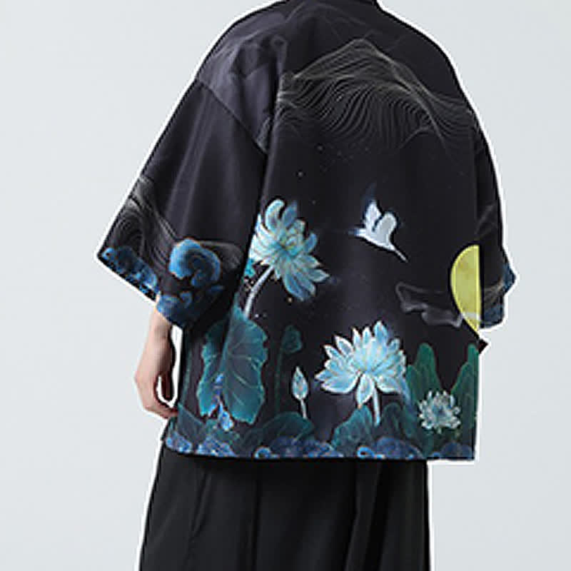 Buddha Stones Kimono da uomo estivo casual con stampa vintage di gru - image 29