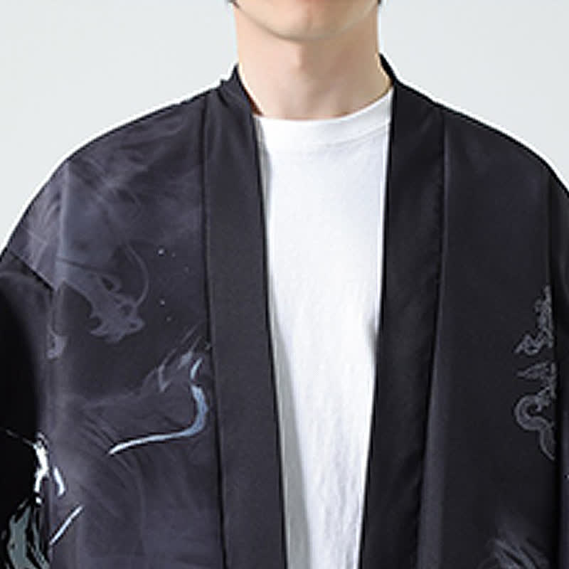 Buddha Stones Kimono da uomo estivo casual con stampa vintage di gru - image 19