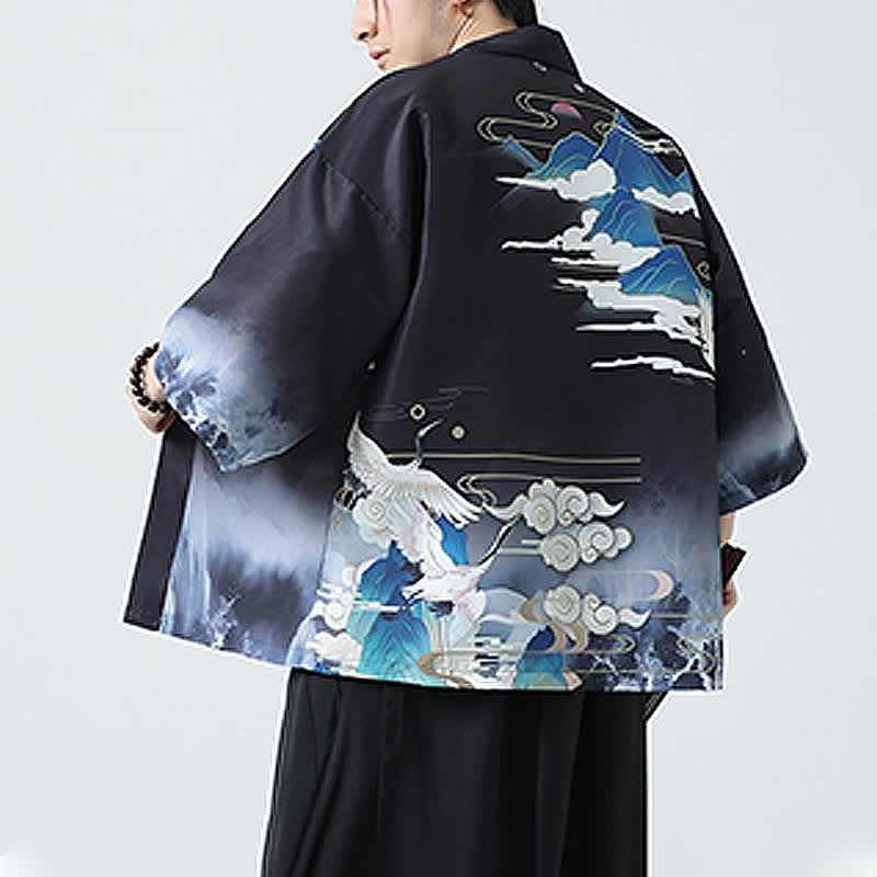 Buddha Stones Kimono da uomo estivo casual con stampa vintage di gru - image 3