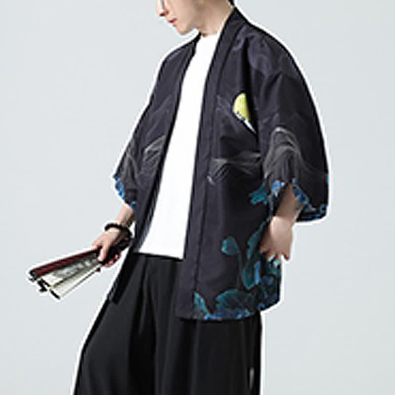 Buddha Stones Kimono da uomo estivo casual con stampa vintage di gru - image 34