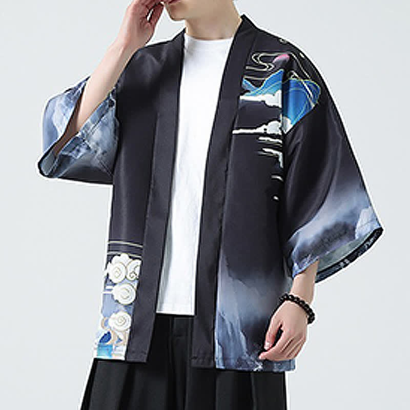 Buddha Stones Kimono da uomo estivo casual con stampa vintage di gru - image 9