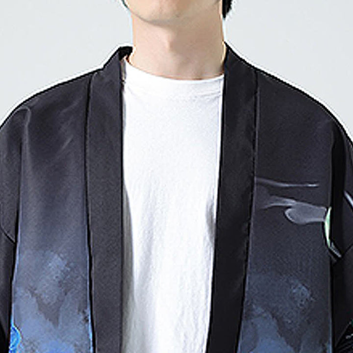 Buddha Stones Kimono da uomo estivo casual con stampa vintage di gru - image 39