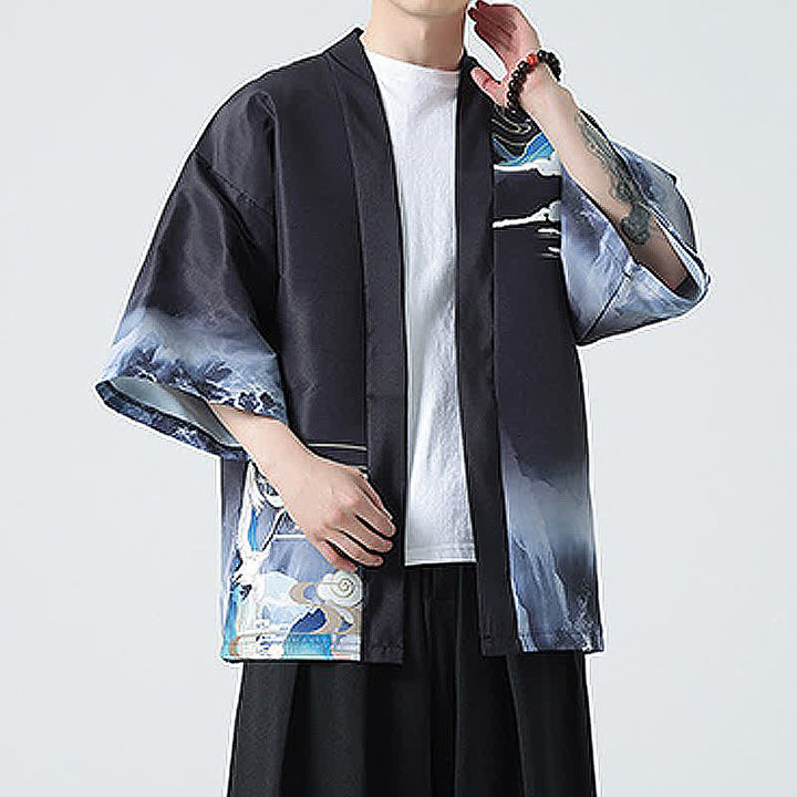 Buddha Stones Kimono da uomo estivo casual con stampa vintage di gru - image 22