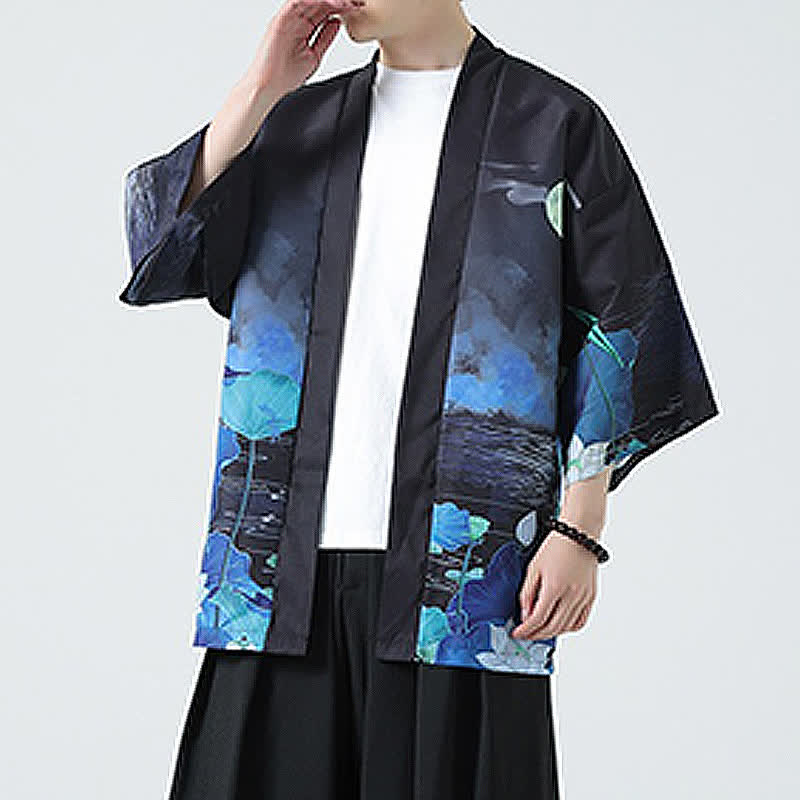 Buddha Stones Kimono da uomo estivo casual con stampa vintage di gru - image 43