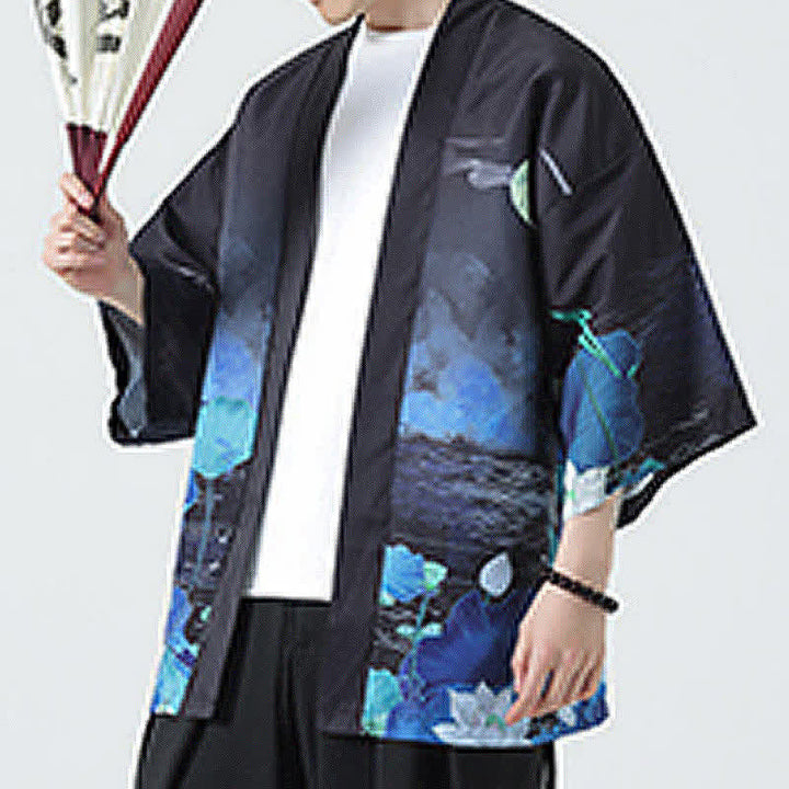Buddha Stones Kimono da uomo estivo casual con stampa vintage di gru - image 45