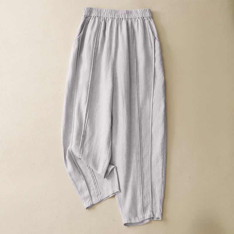 Buddha Stones Pantaloni estivi casual minimalisti a tinta unita, modello cropped con cucitura verticale, pantaloni harem da donna con tasche - Biancheria - US8-10, UK/AU12-14, EU40-42 (2XL) - image 0