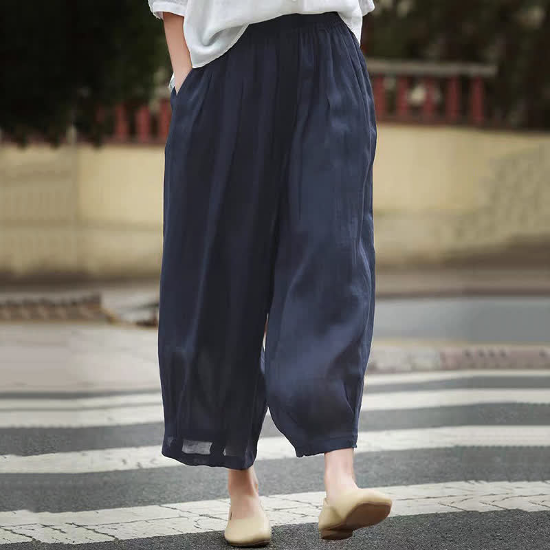 Buddha Stones Pantaloni capri estivi casual boho con coulisse, tinta unita, da donna, gamba larga con tasche - image 15