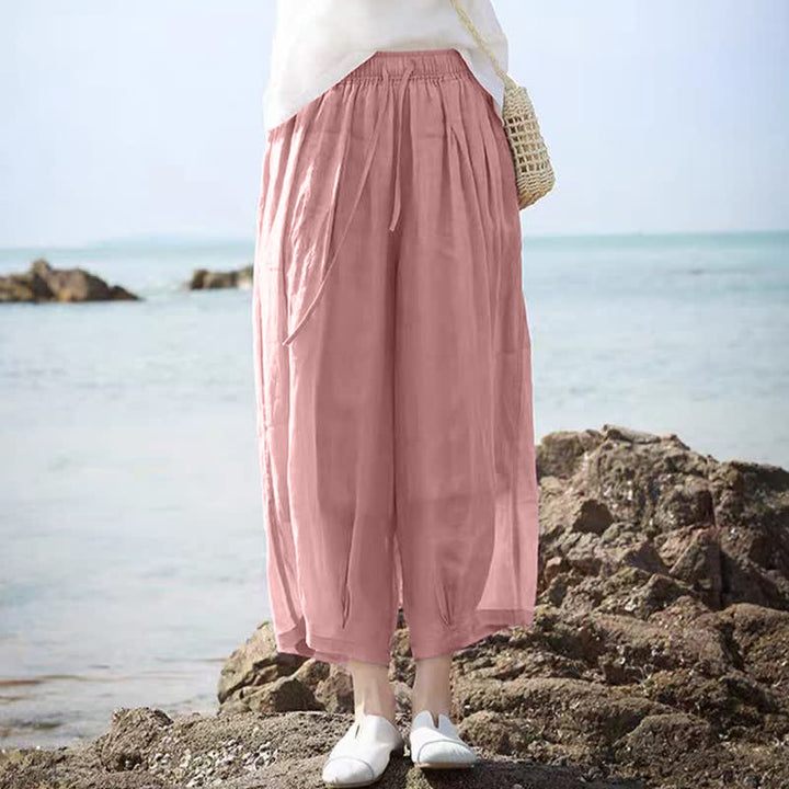 Buddha Stones Pantaloni capri estivi casual boho con coulisse, tinta unita, da donna, gamba larga con tasche - image 29