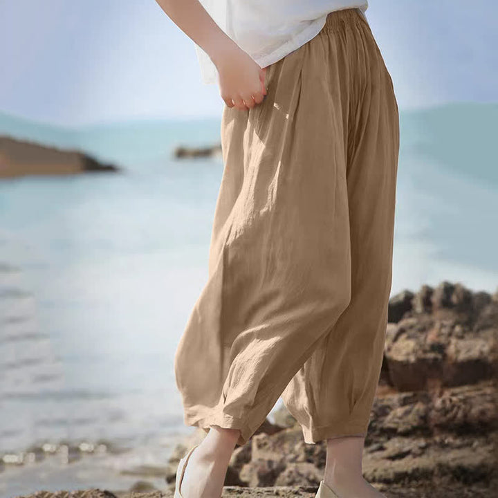 Buddha Stones Pantaloni capri estivi casual boho con coulisse, tinta unita, da donna, gamba larga con tasche - image 8