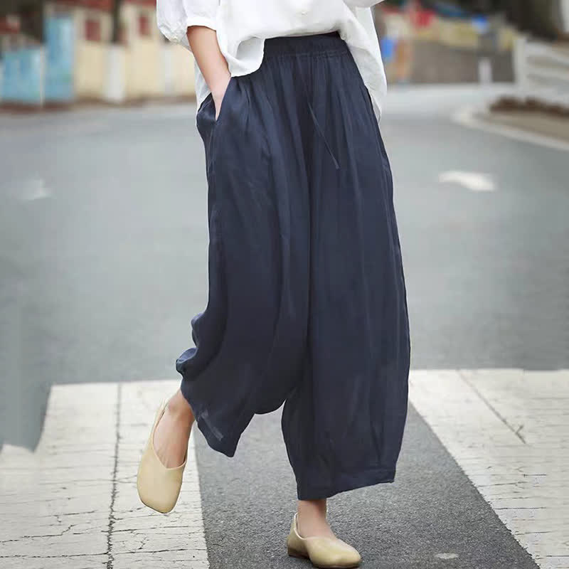 Buddha Stones Pantaloni capri estivi casual boho con coulisse, tinta unita, da donna, gamba larga con tasche - image 18