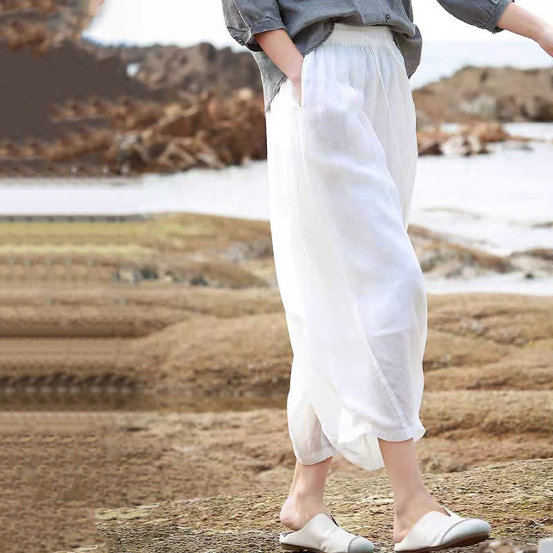 Buddha Stones Pantaloni capri estivi casual boho con coulisse, tinta unita, da donna, gamba larga con tasche - image 53