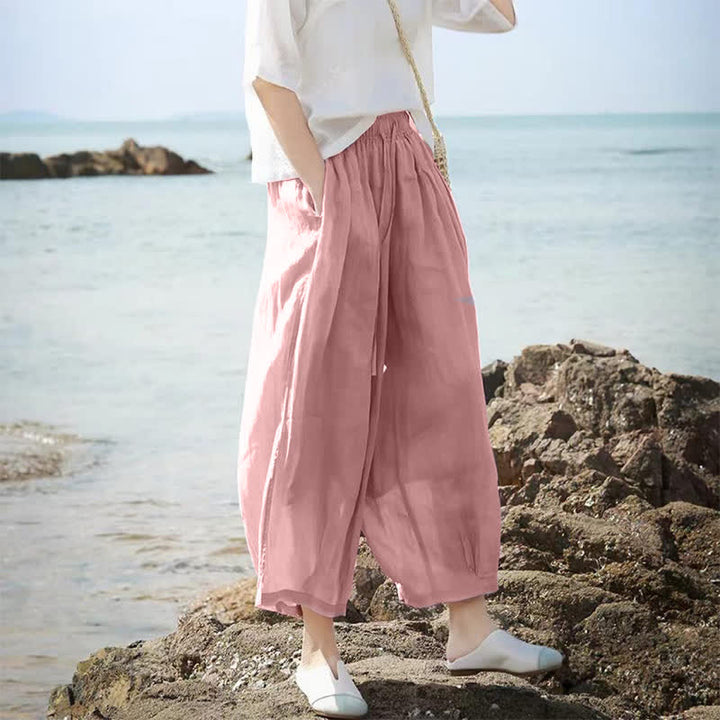 Buddha Stones Pantaloni capri estivi casual boho con coulisse, tinta unita, da donna, gamba larga con tasche - image 30