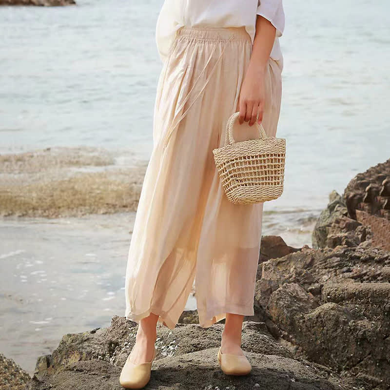 Buddha Stones Pantaloni capri estivi casual boho con coulisse, tinta unita, da donna, gamba larga con tasche - image 39