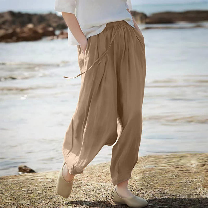 Buddha Stones Pantaloni capri estivi casual boho con coulisse, tinta unita, da donna, gamba larga con tasche - image 6