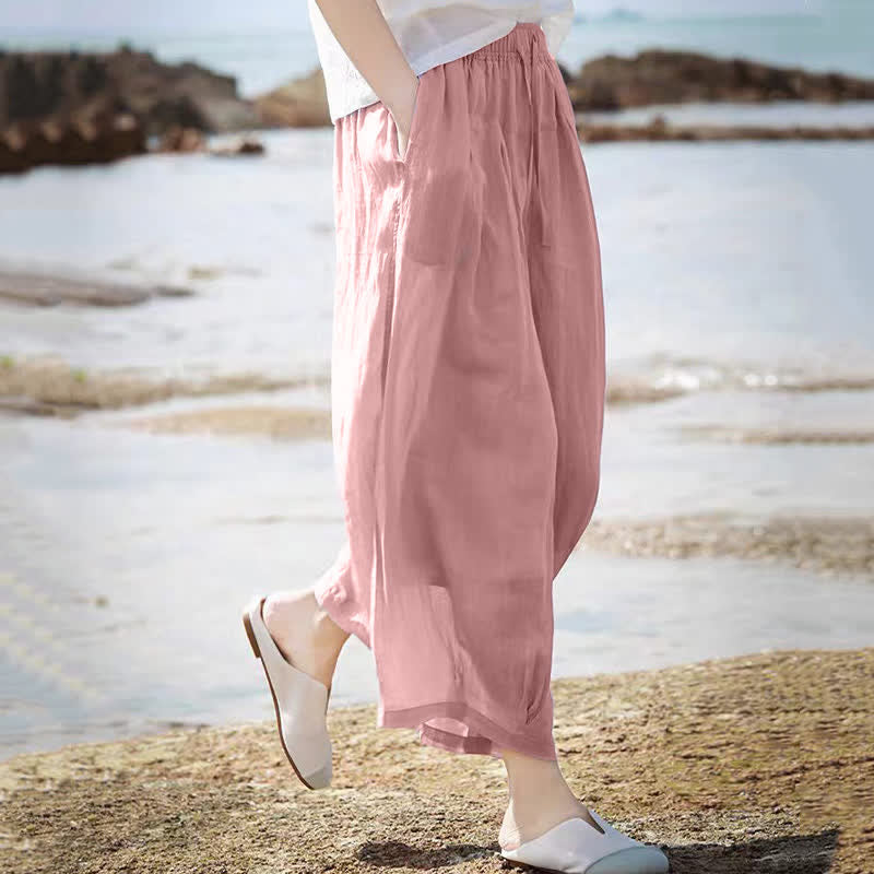 Buddha Stones Pantaloni capri estivi casual boho con coulisse, tinta unita, da donna, gamba larga con tasche - image 31