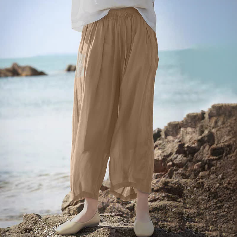 Buddha Stones Pantaloni capri estivi casual boho con coulisse, tinta unita, da donna, gamba larga con tasche - image 9