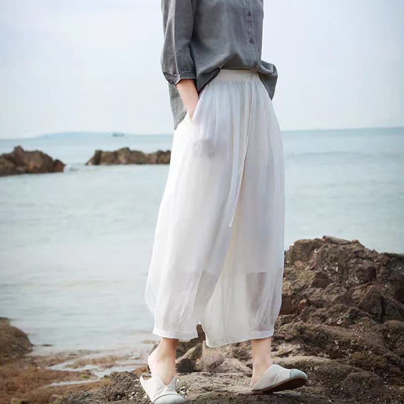 Buddha Stones Pantaloni capri estivi casual boho con coulisse, tinta unita, da donna, gamba larga con tasche - image 52