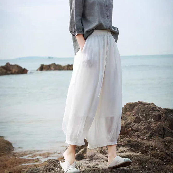 Buddha Stones Pantaloni capri estivi casual boho con coulisse, tinta unita, da donna, gamba larga con tasche - image 52
