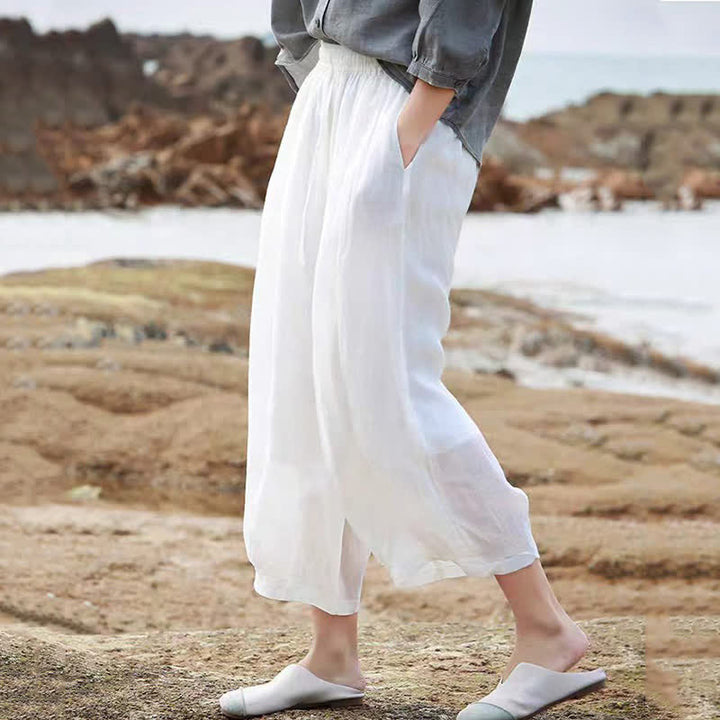 Buddha Stones Pantaloni capri estivi casual boho con coulisse, tinta unita, da donna, gamba larga con tasche - image 54