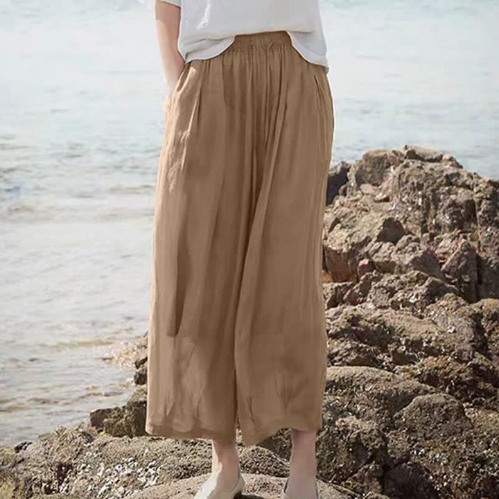 Buddha Stones Pantaloni capri estivi casual boho con coulisse, tinta unita, da donna, gamba larga con tasche - image 5