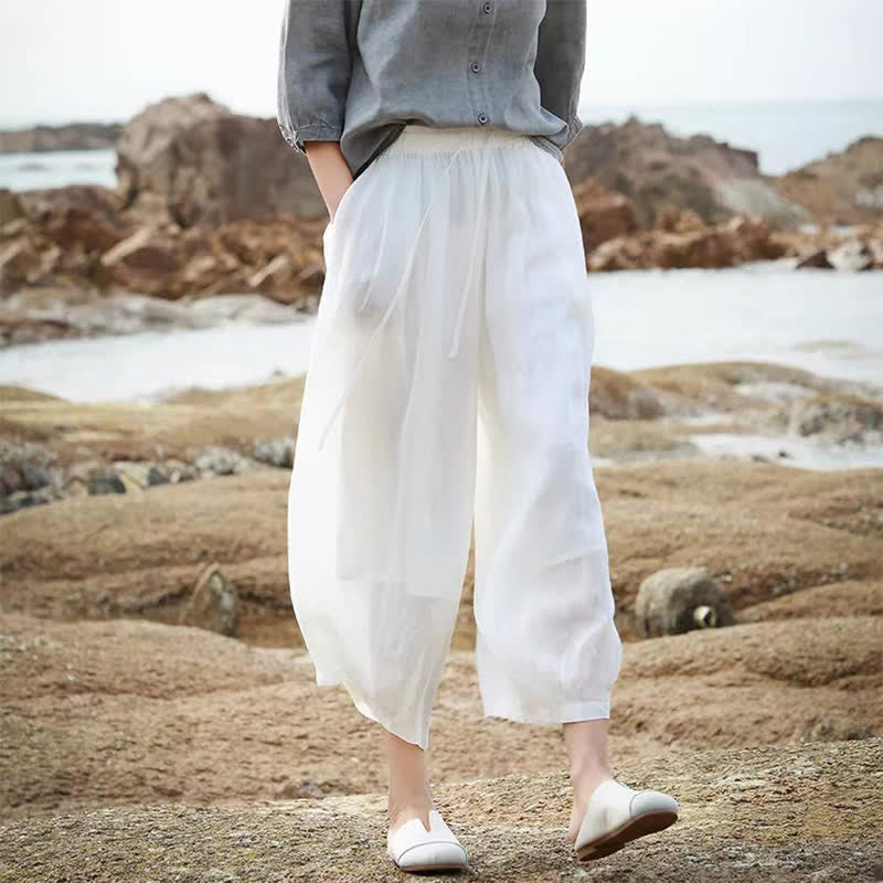 Buddha Stones Pantaloni capri estivi casual boho con coulisse, tinta unita, da donna, gamba larga con tasche - image 51