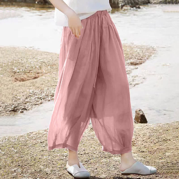 Buddha Stones Pantaloni capri estivi casual boho con coulisse, tinta unita, da donna, gamba larga con tasche - image 32