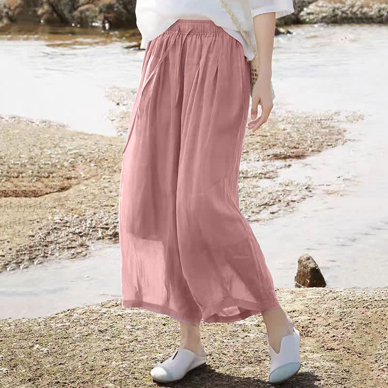 Buddha Stones Pantaloni capri estivi casual boho con coulisse, tinta unita, da donna, gamba larga con tasche - image 33