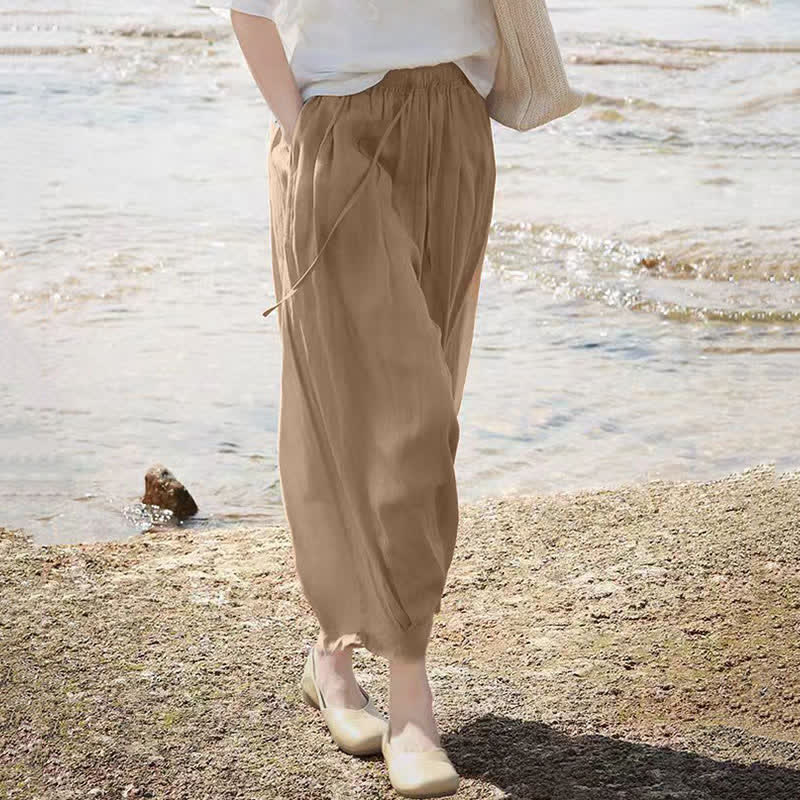 Buddha Stones Pantaloni capri estivi casual boho con coulisse, tinta unita, da donna, gamba larga con tasche - image 7