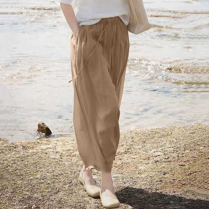 Buddha Stones Pantaloni capri estivi casual boho con coulisse, tinta unita, da donna, gamba larga con tasche - image 7
