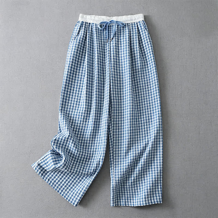 Buddha Stones Pantaloni estivi casual a quadri con coulisse, pantaloni da donna a gamba dritta con tasca - Azzurro chiaro - US8-10, UK/AU12-14, EU40-42 (2XL) - image 0