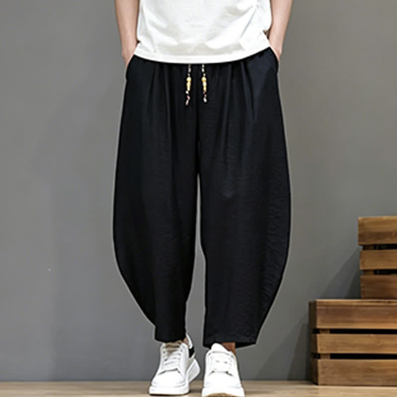 Buddha Stones Pantaloni corti estivi casual minimalisti con coulisse, modello harem da uomo con tasca - image 14