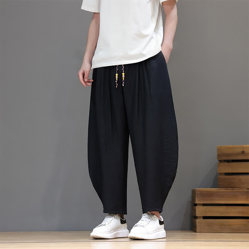 Buddha Stones Pantaloni corti estivi casual minimalisti con coulisse, modello harem da uomo con tasca - Nero - US/UK/AU46, EU56 (5XL) - image 10