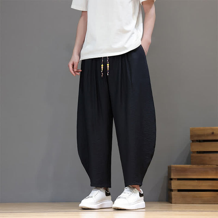 Buddha Stones Pantaloni corti estivi casual minimalisti con coulisse, modello harem da uomo con tasca - Nero - US/UK/AU46, EU56 (5XL) - image 10