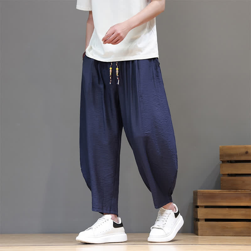 Buddha Stones Pantaloni corti estivi casual minimalisti con coulisse, modello harem da uomo con tasca - image 8