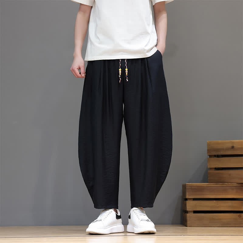 Buddha Stones Pantaloni corti estivi casual minimalisti con coulisse, modello harem da uomo con tasca - image 19