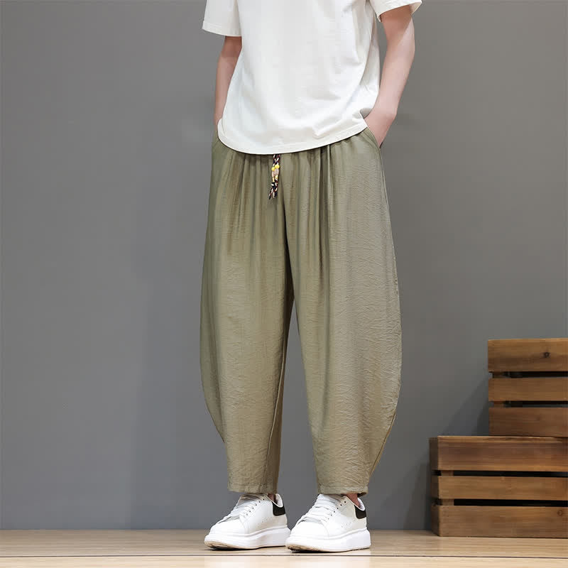 Buddha Stones Pantaloni corti estivi casual minimalisti con coulisse, modello harem da uomo con tasca - Verde oliva - US/UK/AU46, EU56 (5XL) - image 20