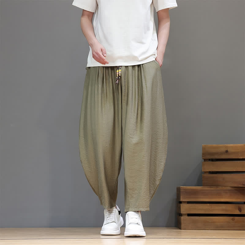 Buddha Stones Pantaloni corti estivi casual minimalisti con coulisse, modello harem da uomo con tasca - image 29