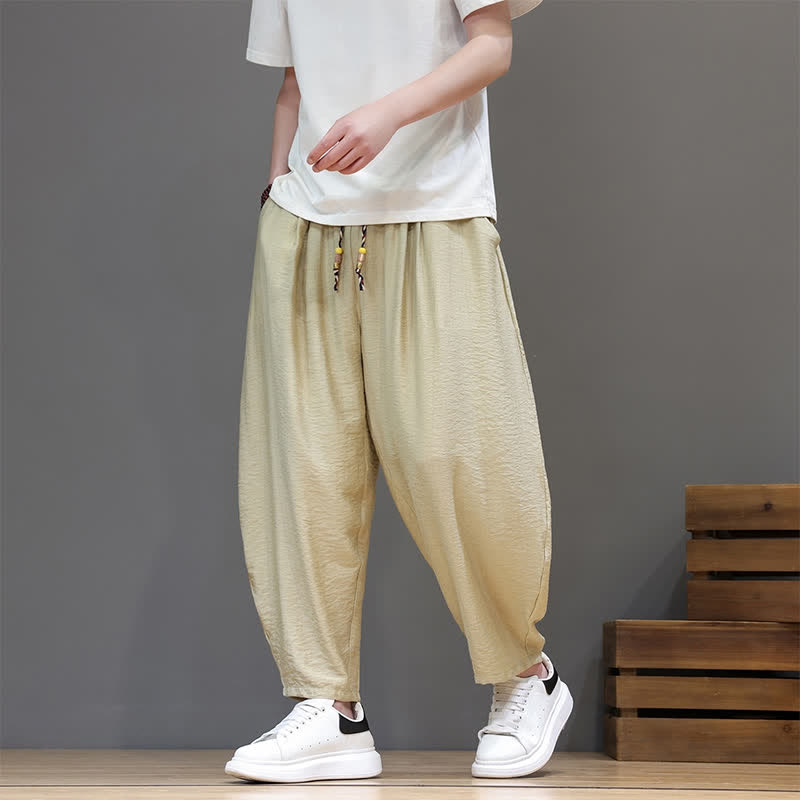 Buddha Stones Pantaloni corti estivi casual minimalisti con coulisse, modello harem da uomo con tasca - image 31