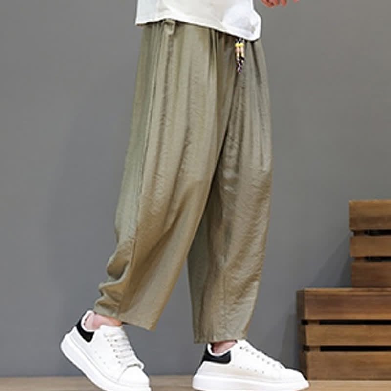 Buddha Stones Pantaloni corti estivi casual minimalisti con coulisse, modello harem da uomo con tasca - image 25